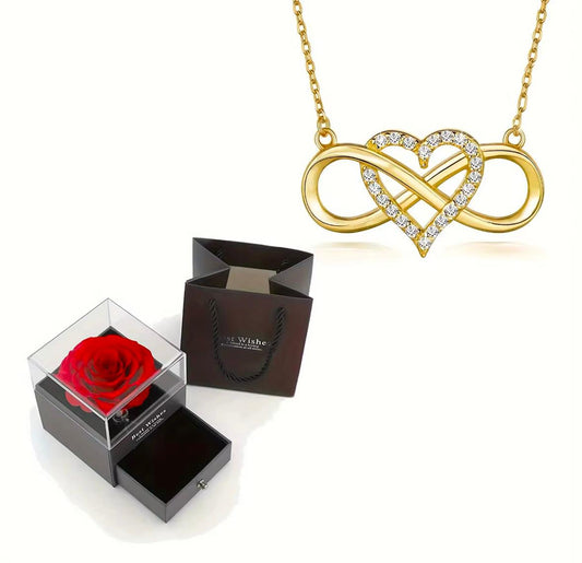 "Elysian Hearts Infinite Love – Elegant Heart Infinity Necklace with Luxurious Gift Box & Eternal Rose”